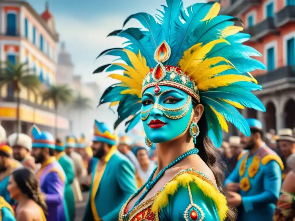 Vibrante Carnaval en Uruguay: Detalles y Celebración Detallada pintura acuarela del vibrante Carnaval en Uruguay, con trajes coloridos y máscaras