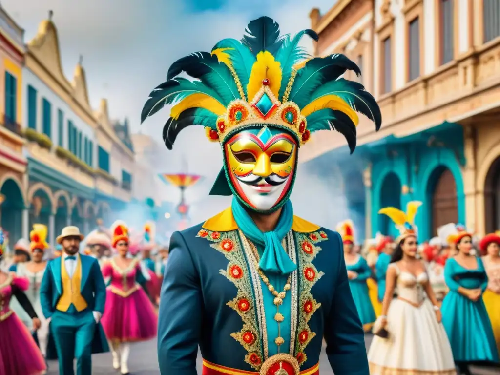 Deslumbrante pintura acuarela del Carnaval Uruguayo Detallada pintura acuarela del vibrante Carnaval Uruguayo con íconos y entrevistas