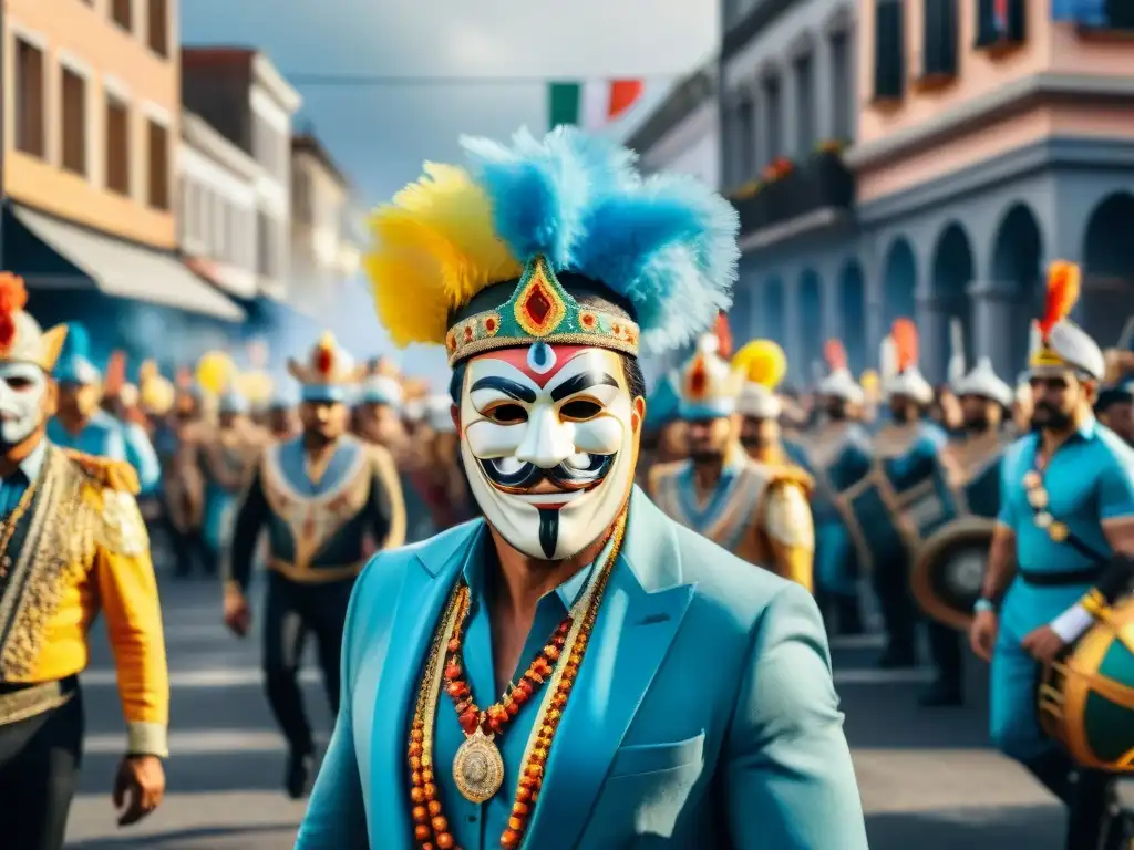 Desfile de Carnaval en Uruguay: cultura, color y activismo Una detallada pintura acuarela del vibrante Carnaval en Uruguay, con grandes carrozas políticas y gente con coloridos trajes
