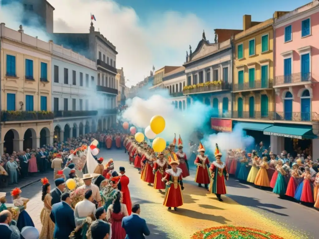 Vibrante Carnaval Uruguayo: pintura detallada de la celebración histórica Detallada pintura acuarela del vibrante Carnaval Uruguayo, con coloridos trajes, máscaras y música festiva en las calles históricas