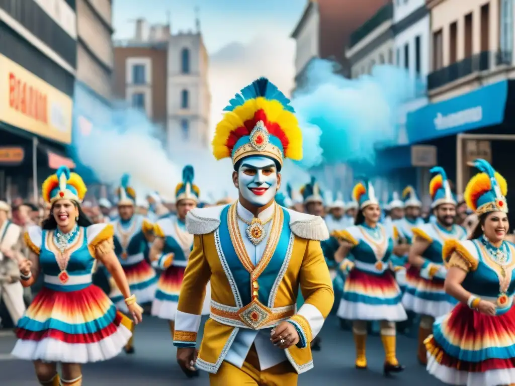 Desfile de Carnaval en Uruguay: Tradición y Modernidad Detallada pintura acuarela de un vibrante desfile de carnaval en Uruguay, mostrando la evolución de las comparsas uruguayas