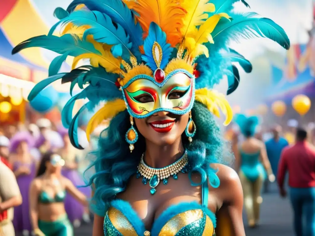 Carnaval vibrante: desfile colorido y festivo Detallada pintura acuarela de un vibrante desfile de Carnaval con carrozas coloridas y danzantes en trajes elaborados