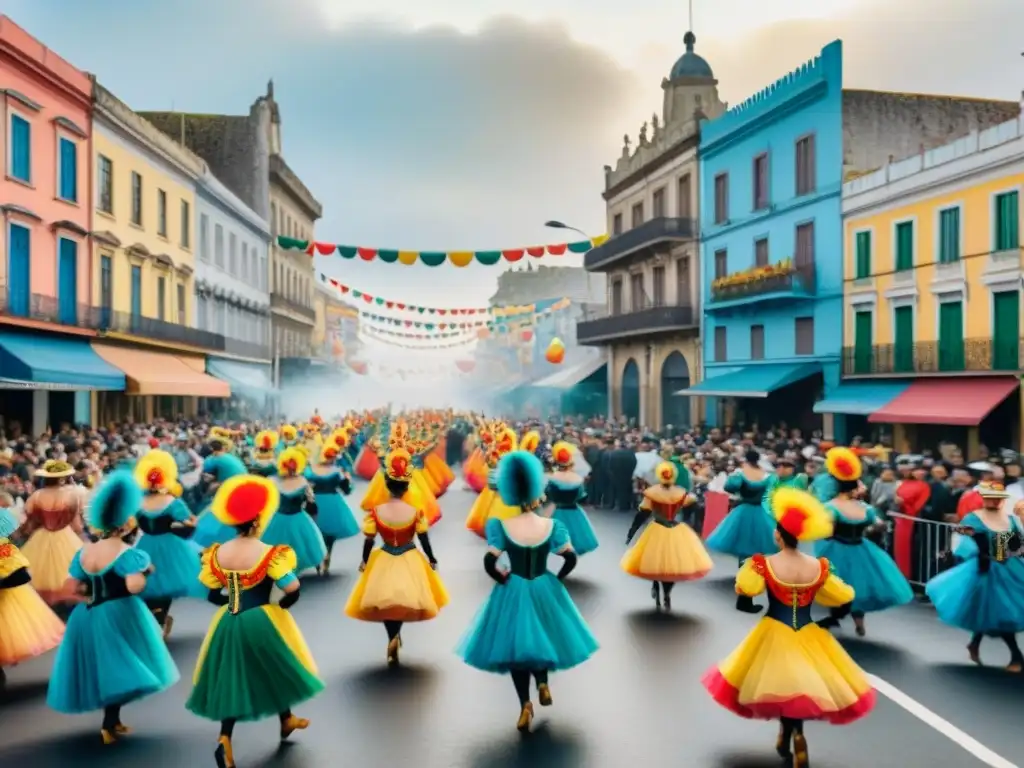 Pintura acuarela del Carnaval en Uruguay 1900s Detallada pintura acuarela del vibrante Carnaval Uruguayo siglo XX: desfile, música, trajes y arquitectura histórica en las calles