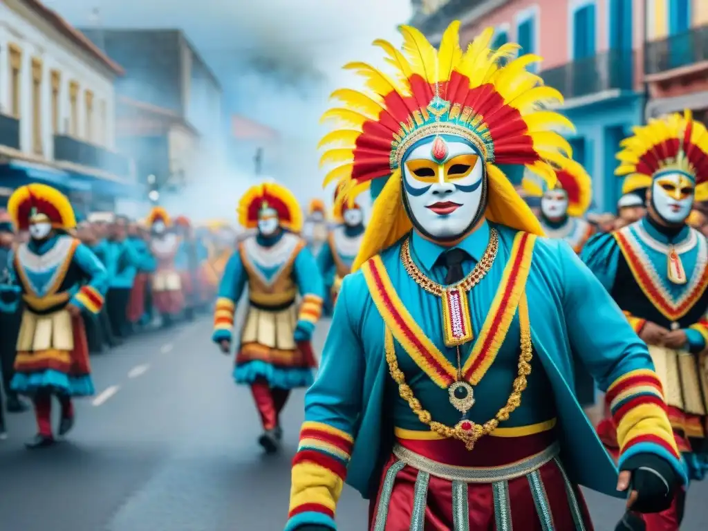 Carnaval en Uruguay: colorida celebración ancestral Detallada pintura acuarela del vibrante desfile de Carnaval en Uruguay, con máscaras coloridas, trajes elaborados y tambores tradicionales