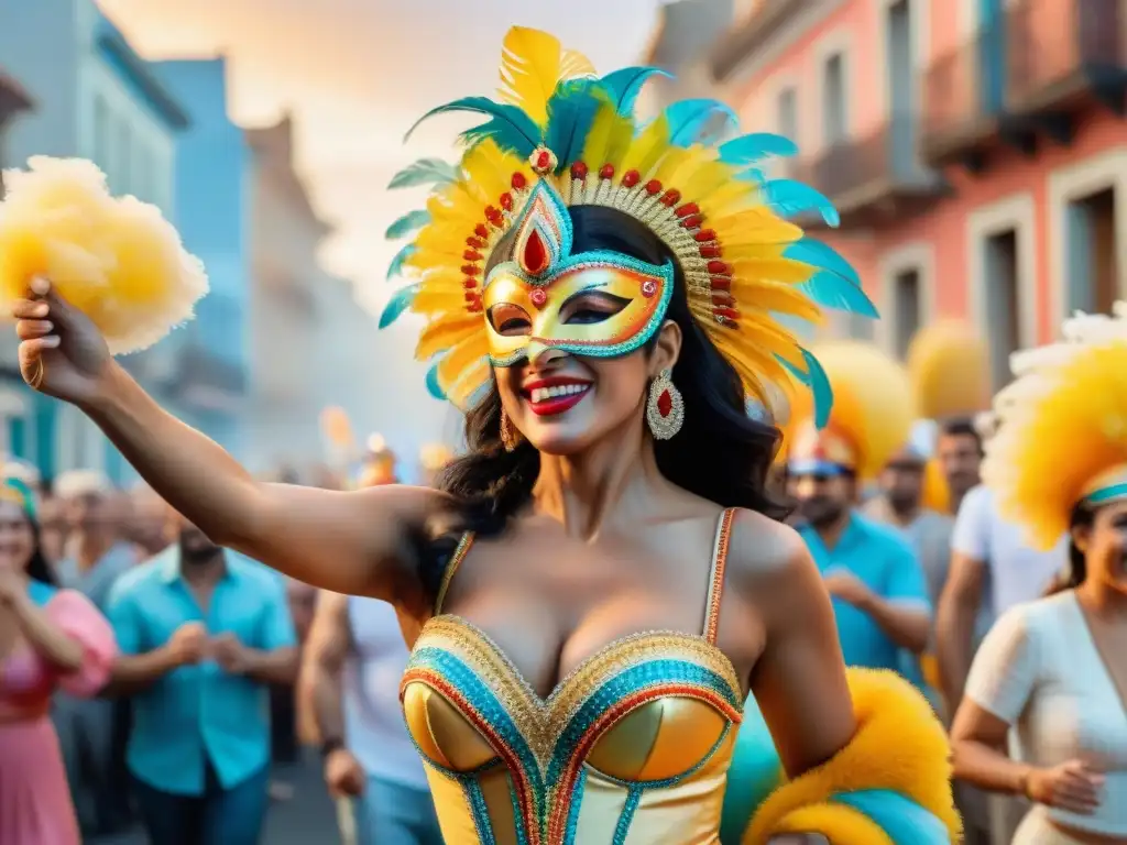 Pintura acuarela del vibrante Carnaval en Uruguay Detallada pintura acuarela del vibrante Carnaval en Uruguay, con coloridos trajes y baile festivo