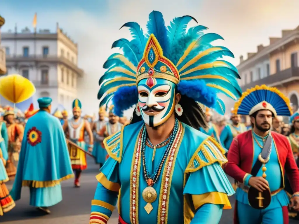 Deslumbrante Carnaval en Uruguay: pintura acuarela Detallada pintura acuarela del vibrante Carnaval en Uruguay, con trajes coloridos, máscaras y figuras bailando