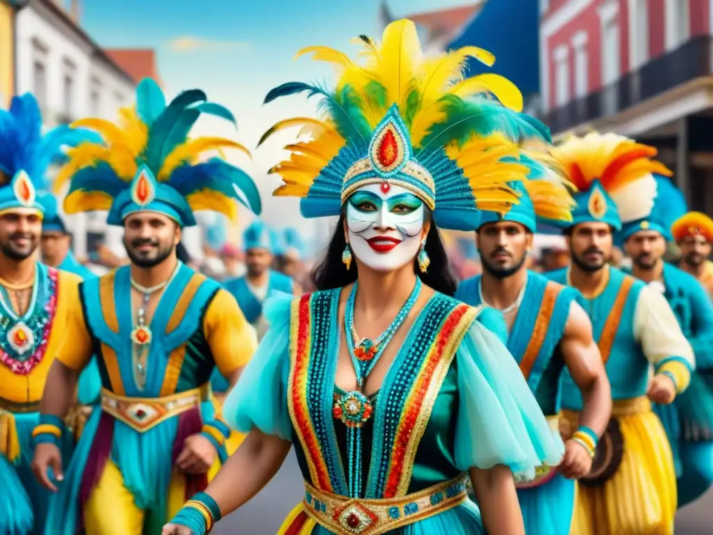 Coloridos trajes de Carnaval de Uruguay: Detalles exquisitos en acuarela Detallada pintura acuarela de vibrantes trajes de Carnaval de Uruguay en desfile