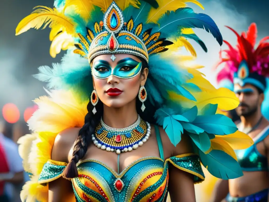 Watercolor de Carnaval Uruguayo: Coloridos trajes tradicionales Detallada pintura acuarela de vibrantes trajes del Carnaval Uruguayo, ricos en color y significado