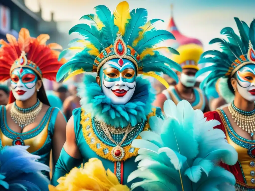 Deslumbrante pintura acuarela de carnaval vibrante Detallada pintura acuarela capturando la dinámica del Carnaval con carrozas adornadas, danzas y espectadores animados