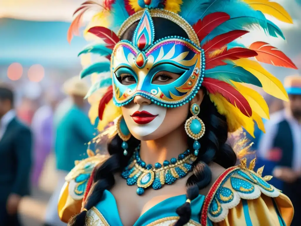 Detallada pintura acuarela de máscaras y trajes de carnaval uruguayo, mostrando autenticidad y colorido de Accesorios Carnaval Uruguayo auténticos