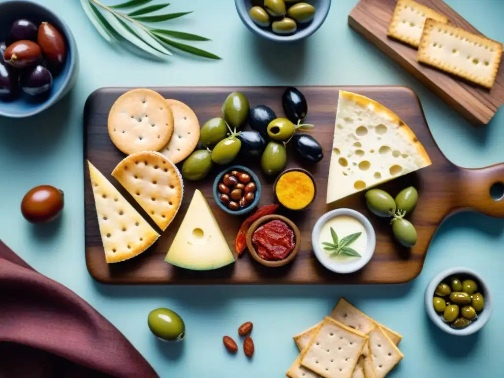 Pintura acuarela de picada uruguaya para Carnaval Detallada pintura acuarela de tabla rústica con picada uruguaya tradicional, vibrante y detallada