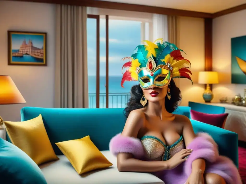 Suite de Carnaval en Uruguay: lujo y festividad Detallada ilustración acuarela de suite lujosa durante Carnaval en Uruguay con máscaras, decoraciones vibrantes, cama kingsize, balcón con desfile callejero y mesa de delicias locales