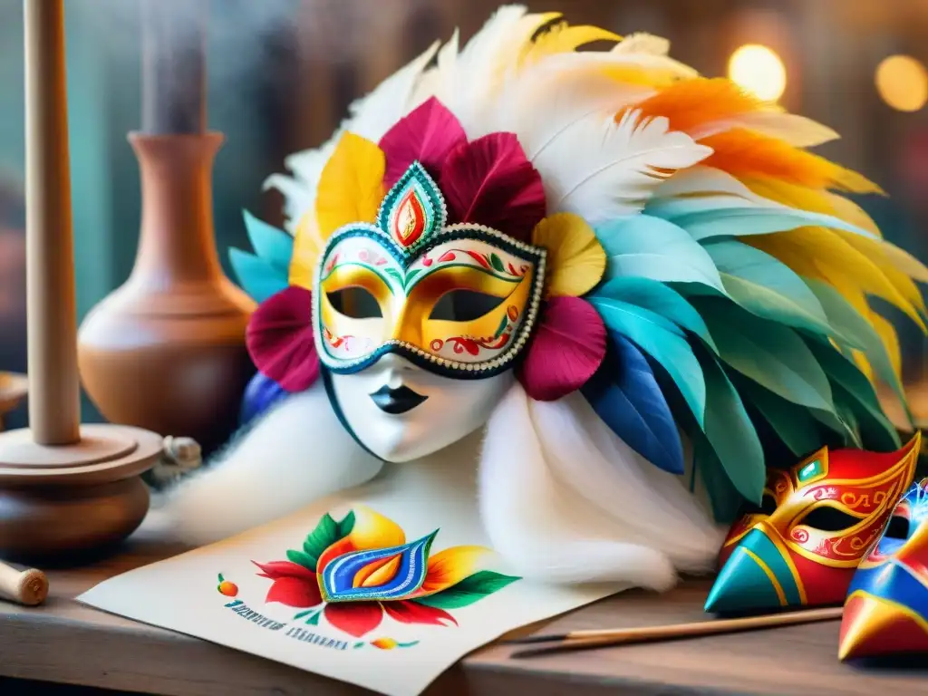 Artesanos crean máscaras y trajes de carnaval en Uruguay Detallada ilustración acuarela de talleres de carnaval uruguayo con artesanos creando máscaras y trajes festivos en ambiente creativo y colorido