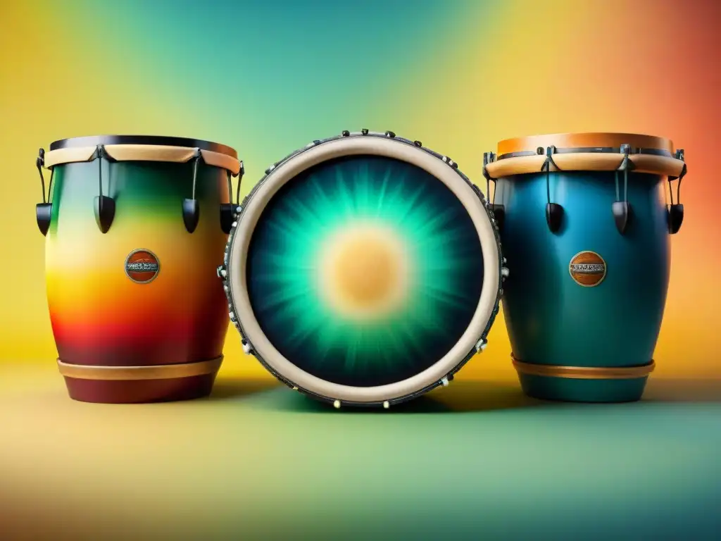 Ilustración acuarela de tambores de Candombe Ilustración detallada de los tipos de tambores en Candombe: Chico, Repique y Piano, con diseños vibrantes y únicos en colores suaves