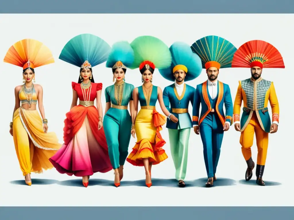Transformación de trajes de murga: de tradicionales a modernos Detallada evolución del vestuario de murga de tradicional a moderno en acuarela