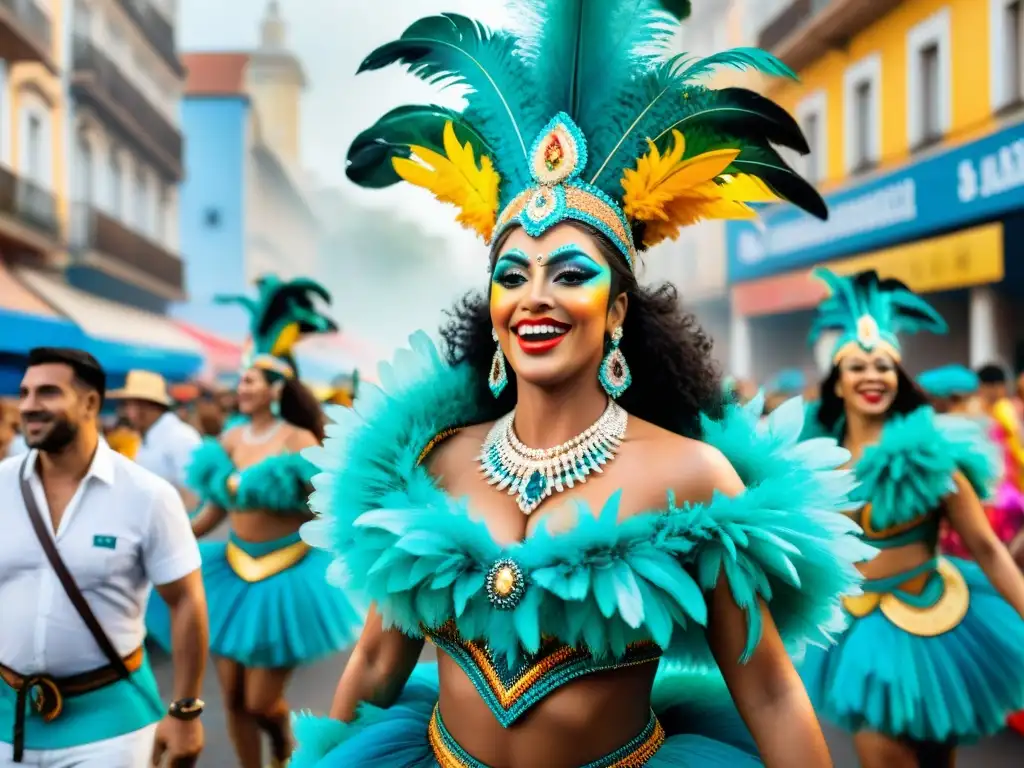 ¡Deslumbrante Carnaval en Brasil: vibrante y festivo! Una representación acuarela detallada del vibrante y bullicioso desfile de Carnaval en Brasil