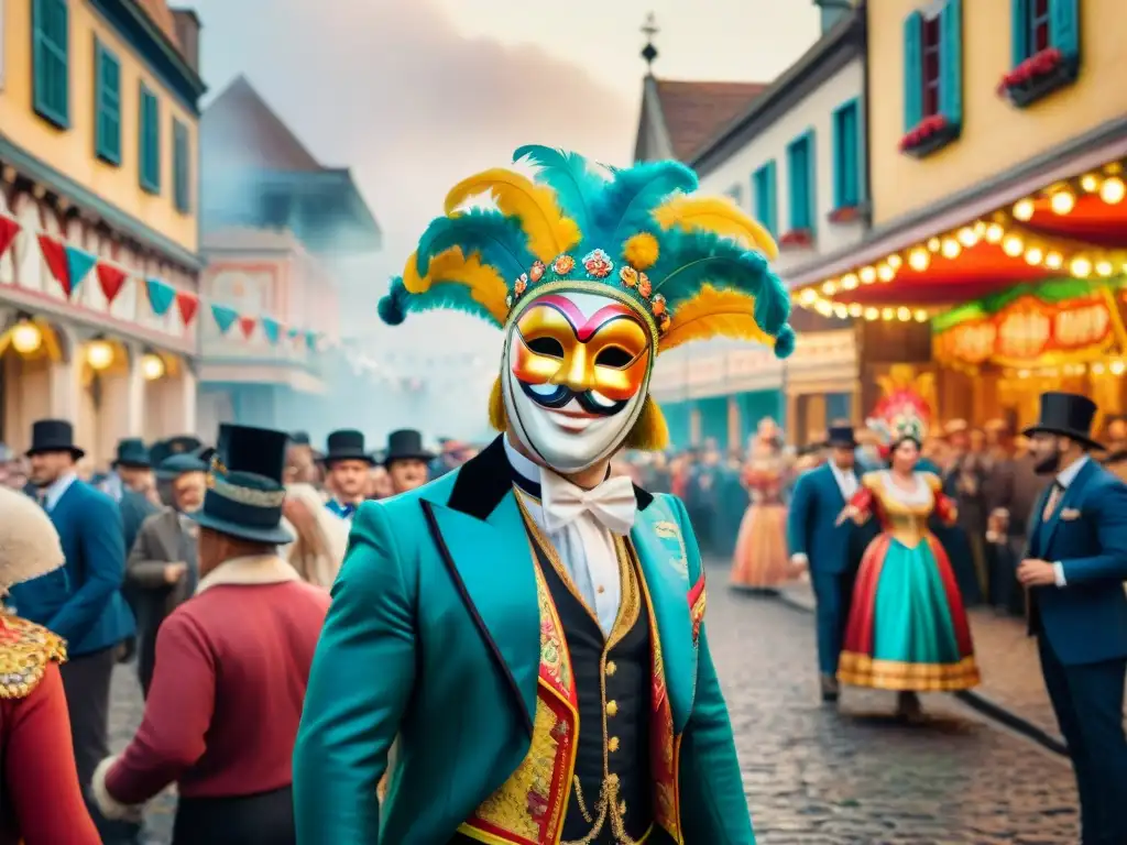 Carnaval histórico: pintura acuarela vibrante y detallada Ilustración detallada de un vibrante Carnaval antiguo, con máscaras, trajes coloridos y danzas en una calle empedrada