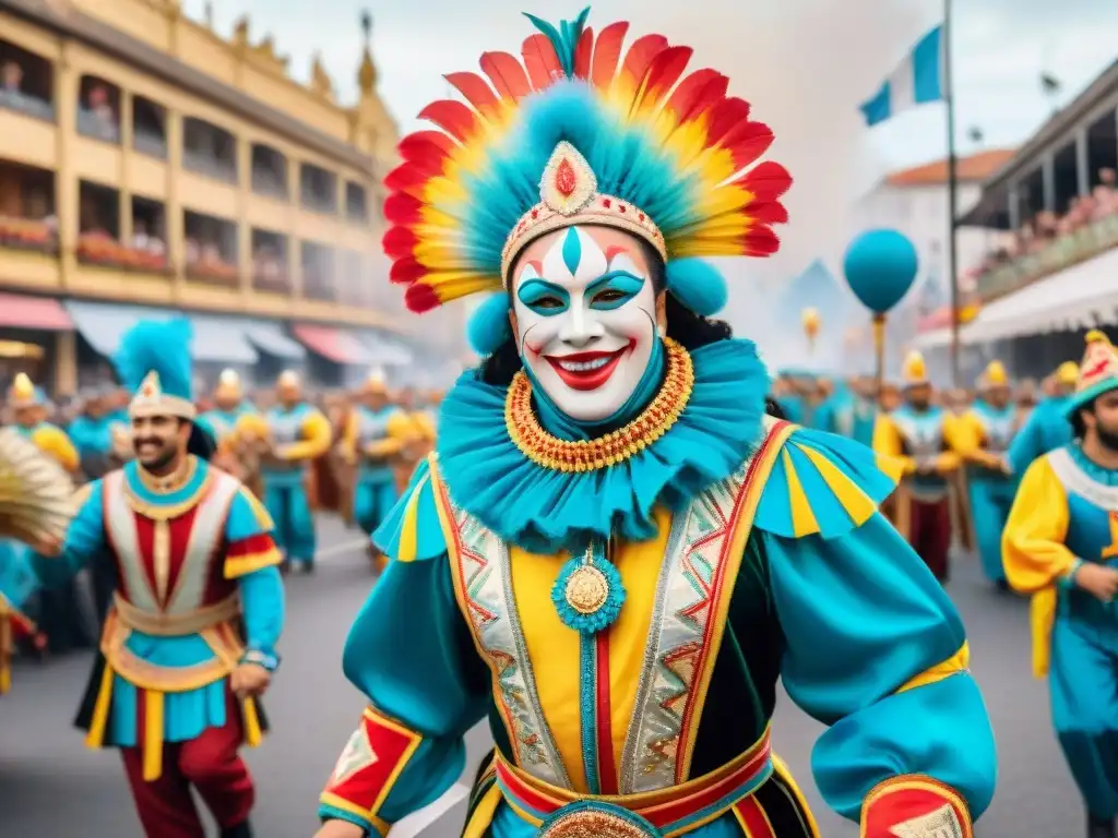 Deslumbrante carnaval uruguayo: alegría y colorido Detallada ilustración acuarela del vibrante Carnaval Uruguayo con desfiles coloridos y espectadores animados