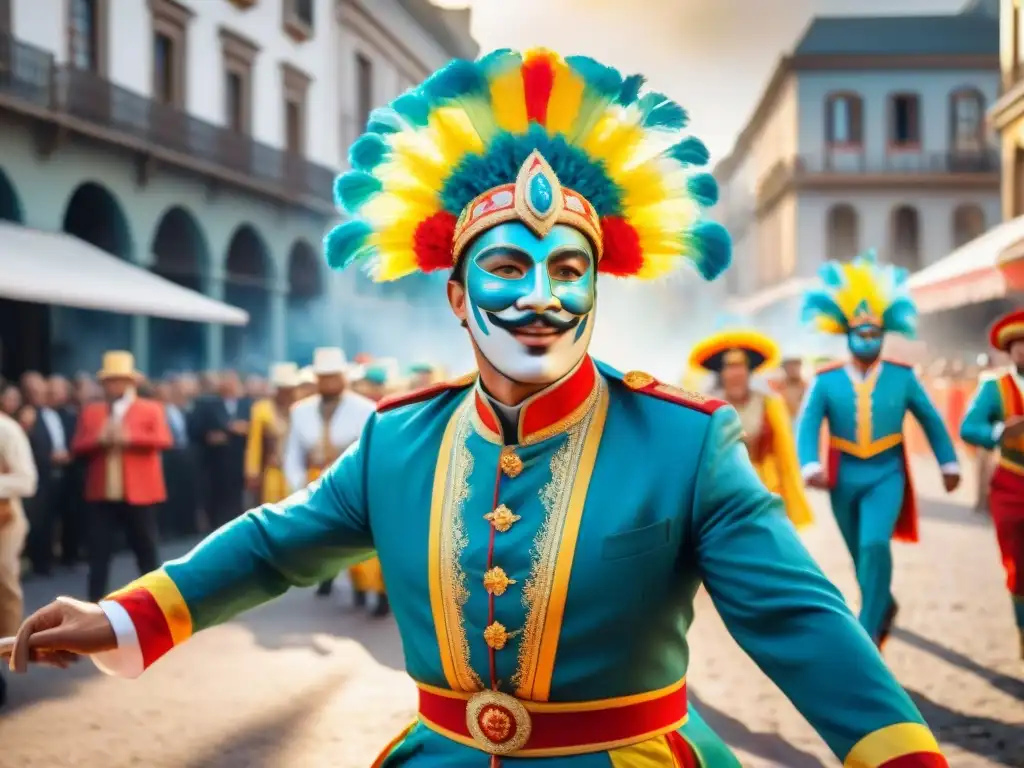 Deslumbrante desfile de Carnaval Uruguayo: colores y alegría Una ilustración acuarela detallada y vibrante del Carnaval Uruguayo, con trajes, máscaras y carrozas coloridas, capturando la energía de la festividad
