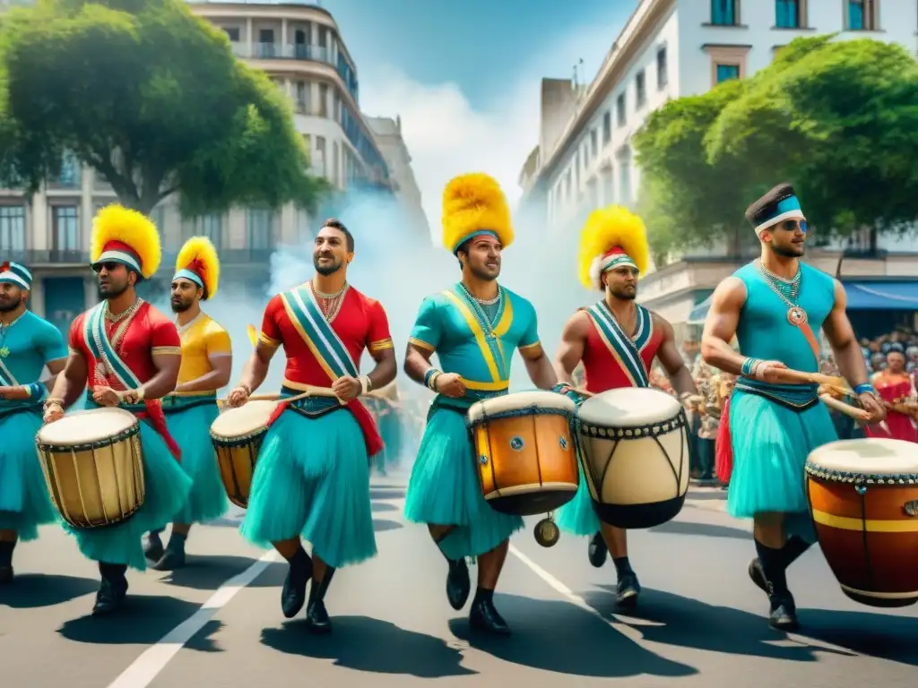 Desfile de Candombe en Montevideo: ¡Ritmo y color! Ilustración detallada de un vibrante desfile de Candombe en Montevideo, Uruguay