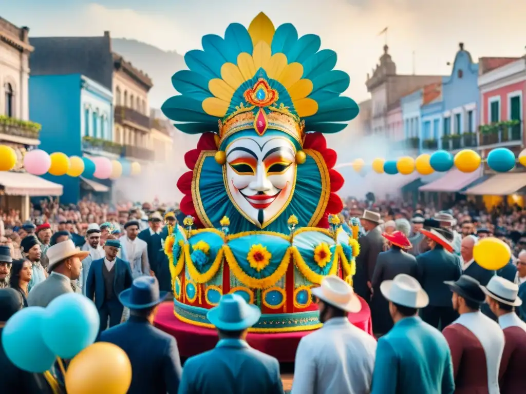 Float vibrante del Carnaval Uruguayo: Detalles en acuarela Detallada ilustración acuarela de un vibrante desfile inspirado en el Carnaval Uruguayo