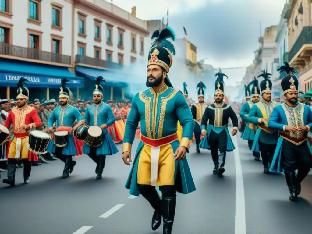 Murga vibrante en Montevideo: ilustración acuarela Ilustración detallada de una vibrante murga en el Carnaval de Montevideo