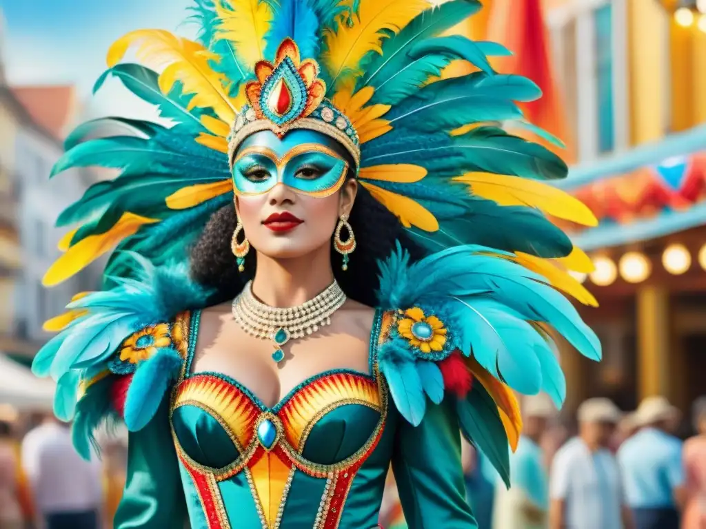 Esplendor del Carnaval Uruguayo: Detalle en Acuarela Detalladas vestimentas de Carnaval Uruguayo artistas mirada íntima en vibrante acuarela