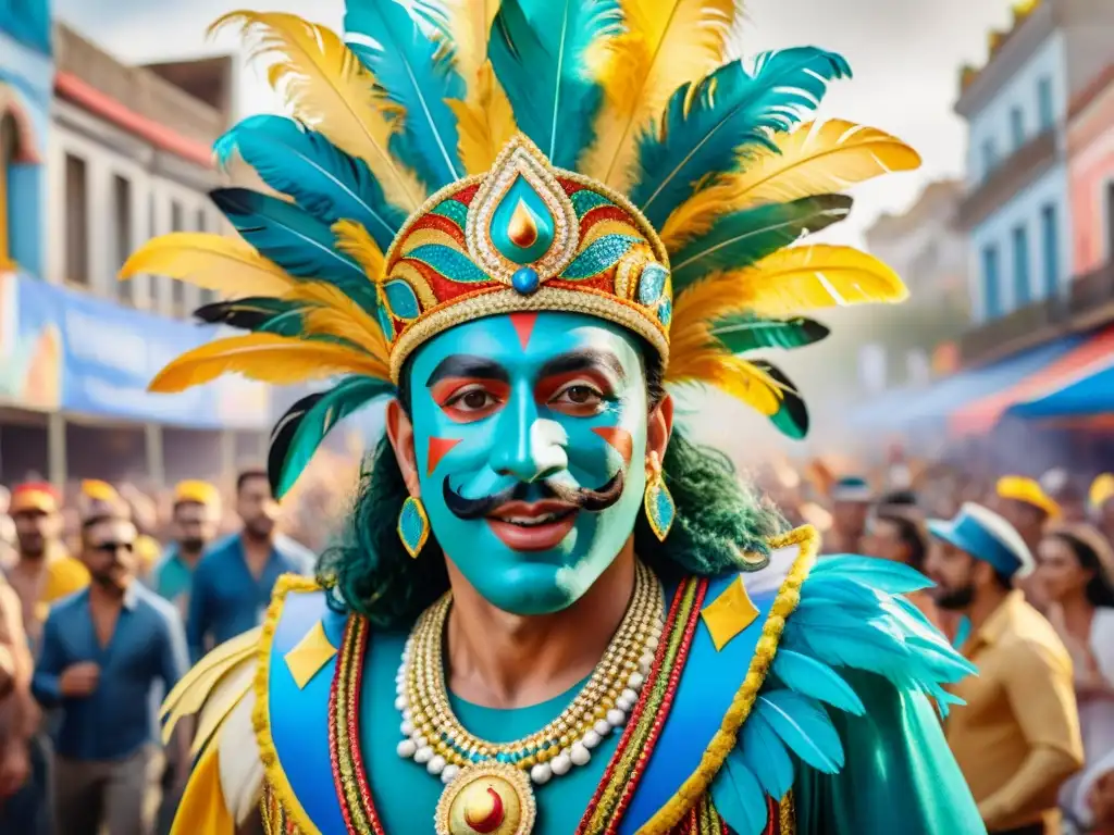 Deslumbrante carro alegórico del Carnaval Uruguayo Un detallado acuarela 8k del Carnaval Uruguayo con una carroza vibrante y detallada, reflejando la energía y emoción del evento