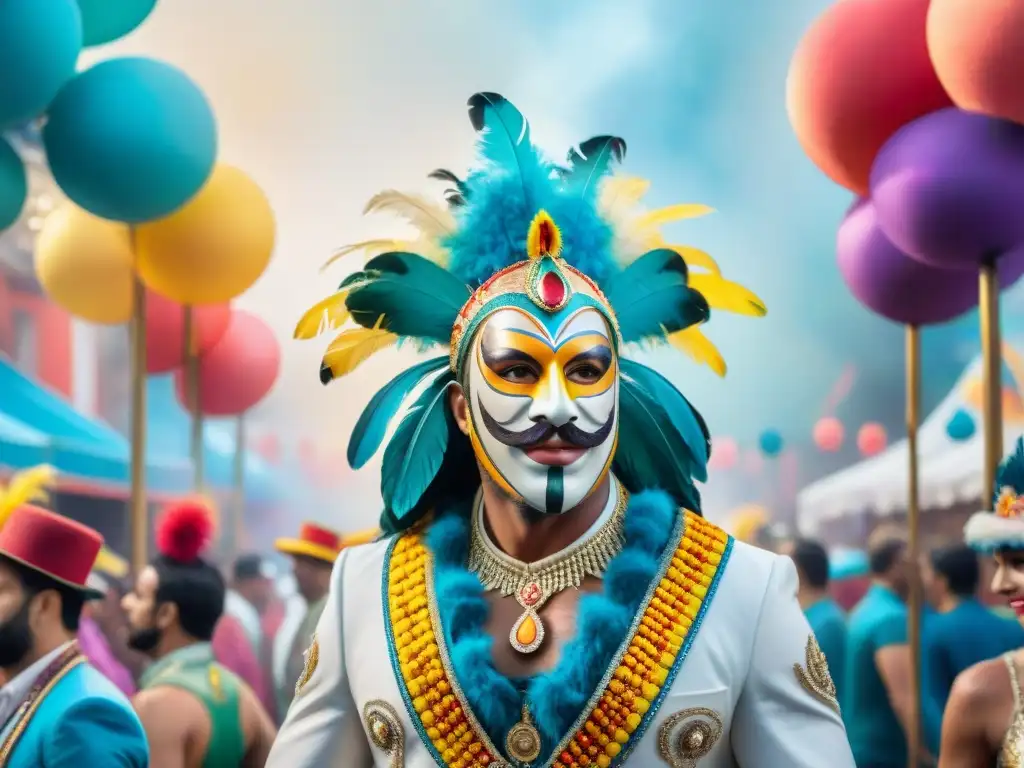 Directores de Carnaval en Uruguay planifican desfile vibrante Un detallado acuarela de directores de escena carnaval Uruguay planificando desfile, rodeados de vibrante carroza y símbolos tradicionales