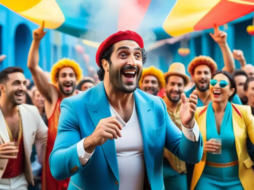 Risas y alegría en el Carnaval: Humoristas uruguayos en acción Un detallado acuarela muestra humoristas uruguayos en un escenario de Carnaval, con críticas entusiastas de la audiencia