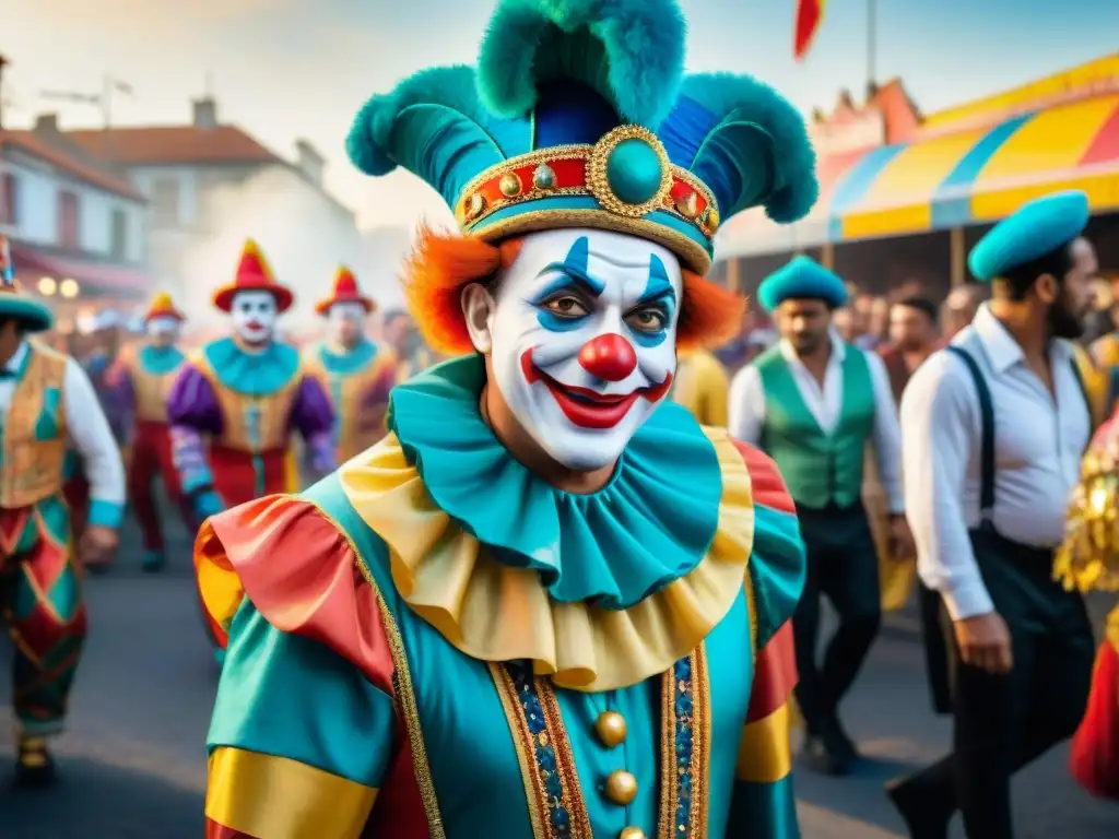 Un detallado acuarela de payasos coloridos del carnaval uruguayo, con trajes extravagantes y maquillaje exagerado