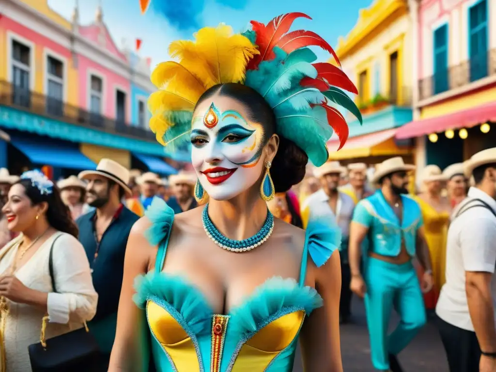 Retratos de carnaval en acuarela: artistas y musas Un detallado acuarela de Retratistas del Carnaval Uruguayo rodeados de coloridos personajes y espectadores alegres