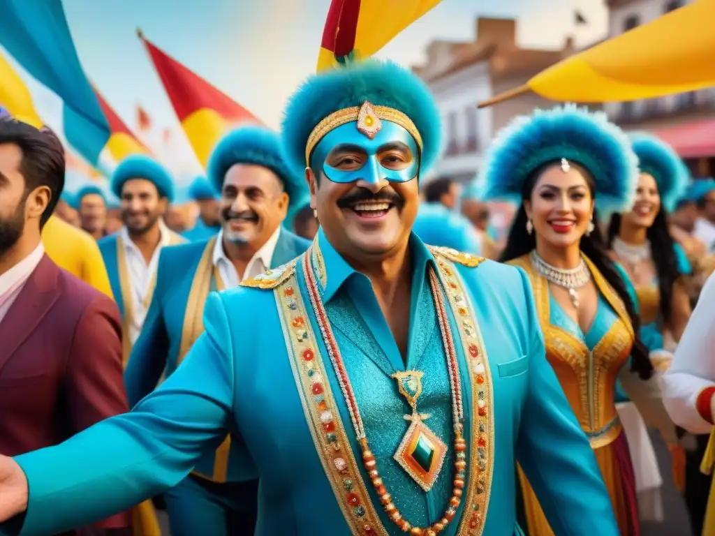 Retrato vibrante: Carnaval Uruguayo celebra diversidad y unión Un detallado acuarela en 8k del vibrante Carnaval Uruguayo promueve inclusión social