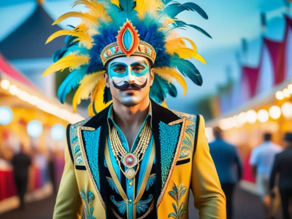 Colorido traje de carnaval uruguayo: arte detallado en acuarela Detallado arte minucioso en vestuario carnavalero de Uruguay: plumas, lentejuelas y patrones vibrantes