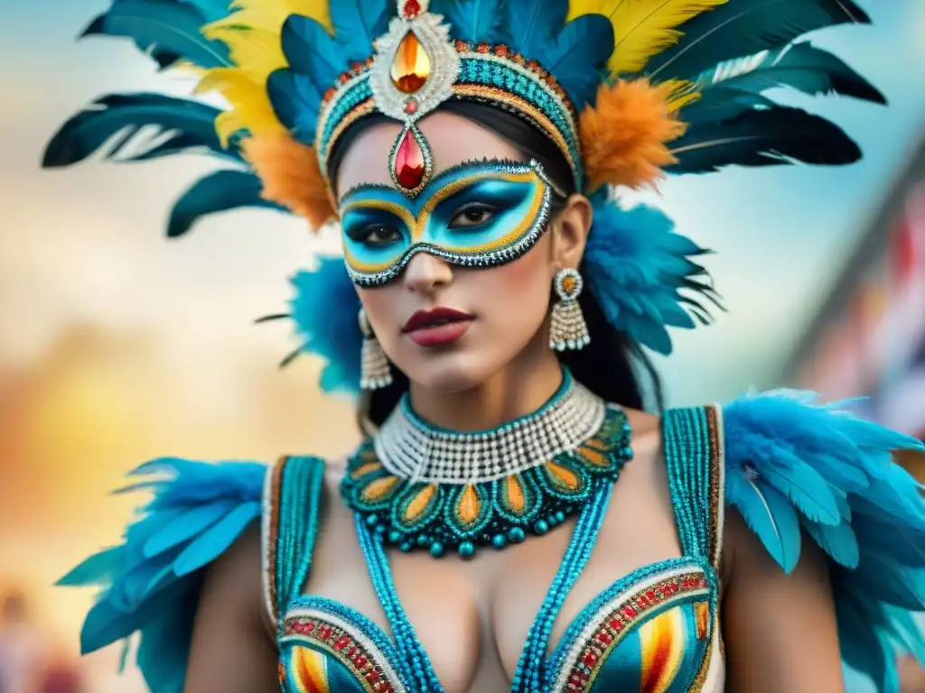 Exquisito disfraz de carnaval uruguayo: detallado arte en acuarela Detallado arte minucioso del vestuario carnavalero de Uruguay, con cuentas, plumas y bordados vibrantes