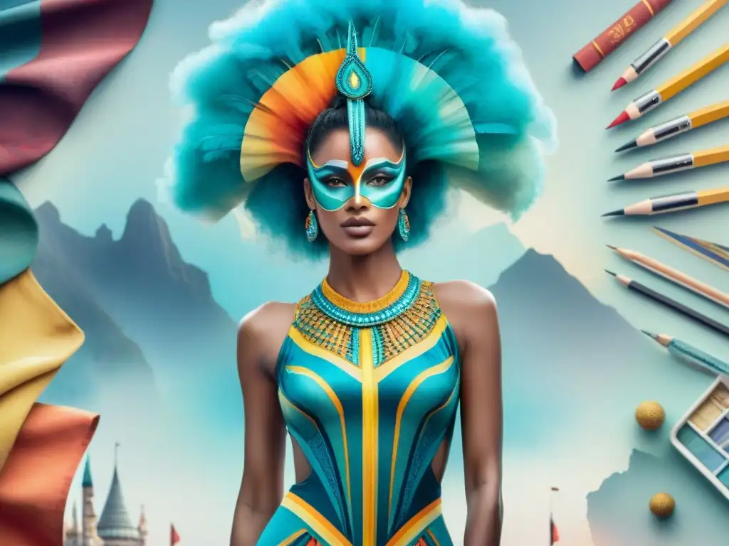 Diseñadores creativos en Carnaval: acuarela detallada Detallado cuadro acuarela de diseñadores contemporáneos creando trajes Carnaval Uruguayo