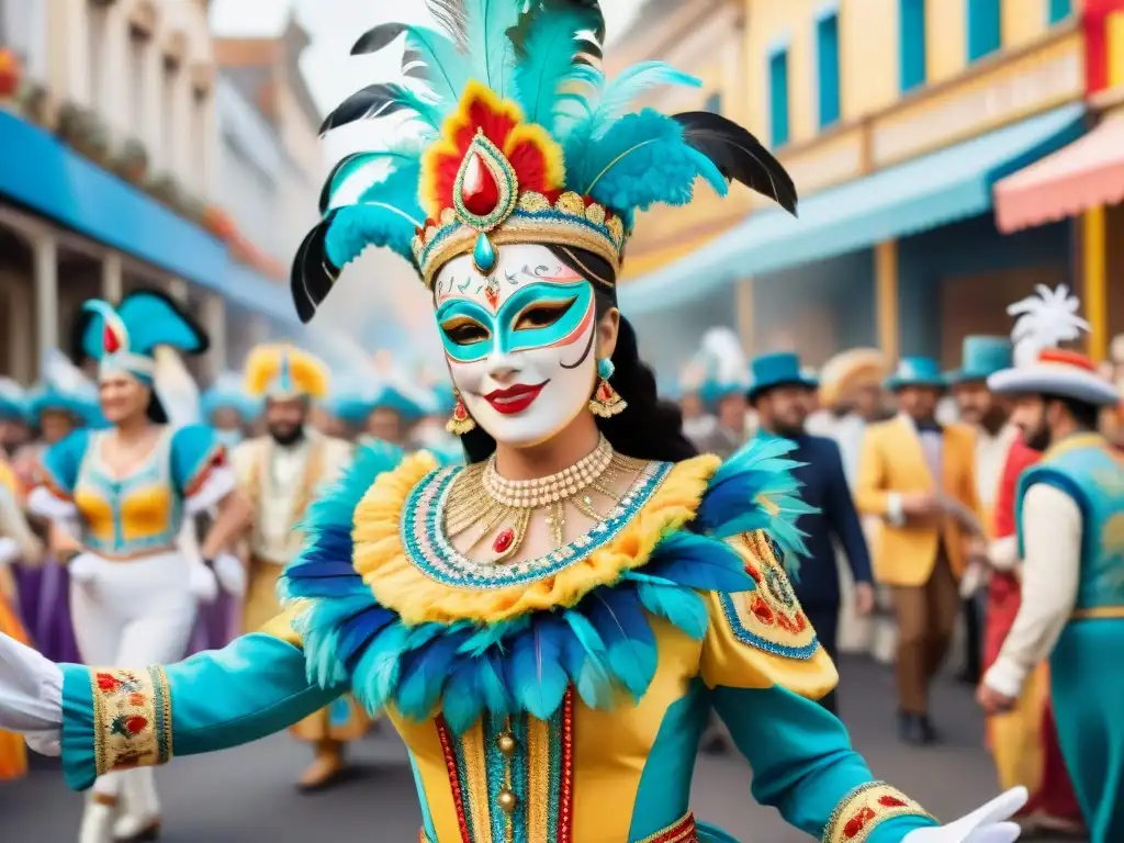 Coloridos trajes de carnaval uruguayo en acuarela Un detallado cuadro de acuarela muestra trajes de carnaval uruguayo, resaltando la conservación de los diseños tradicionales