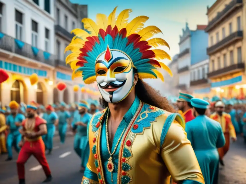 Pintura acuarela detallada del vibrante Carnaval en Uruguay Un detallado cuadro de acuarela muestra un vibrante desfile de Carnaval en Uruguay, con máscaras, trajes coloridos y música alegre
