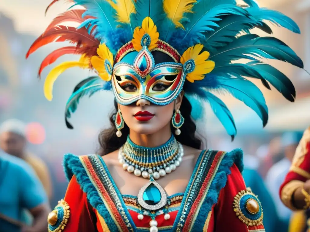 Traje de Carnaval Uruguayo: detallada acuarela vibrante Un detallado cuadro acuarela que muestra un vibrante y elaborado traje de Carnaval Uruguayo, con joyas ocultas en cada detalle