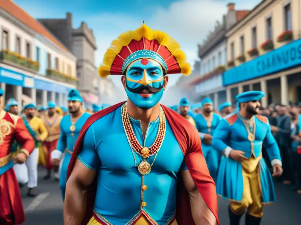 Desfile de Carnaval en Uruguay: colorida celebración comunitaria Un detallado cuadro acuarela del vibrante Carnaval Uruguayo, con carrozas detalladas, trajes coloridos y bailarines entusiastas