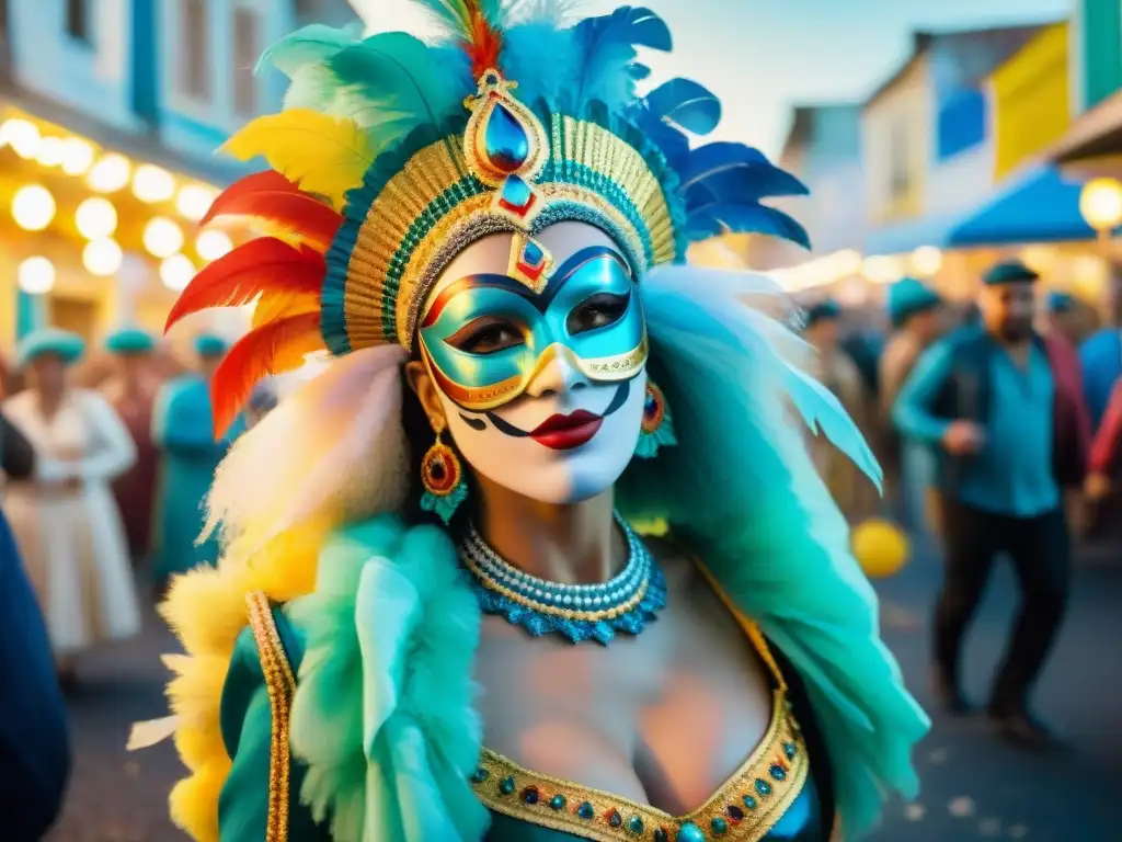 Vibrante escena de Carnaval en Uruguay: acuarela detallada Un detallado cuadro acuarela del vibrante Carnaval Uruguayo en rincones secretos