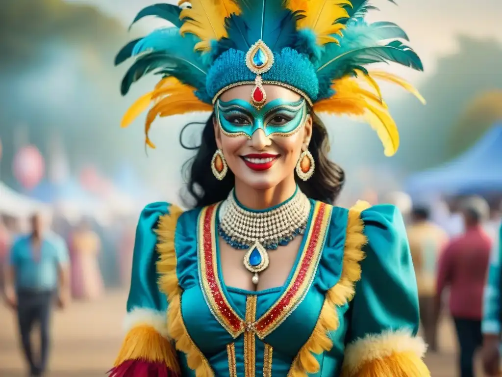 Traje de Carnaval en Uruguay: Detalles vibrantes y festivos Detallado diseño de vestuario en Carnaval Uruguayo con plumas, lentejuelas y colores vibrantes, capturando la esencia festiva de la época