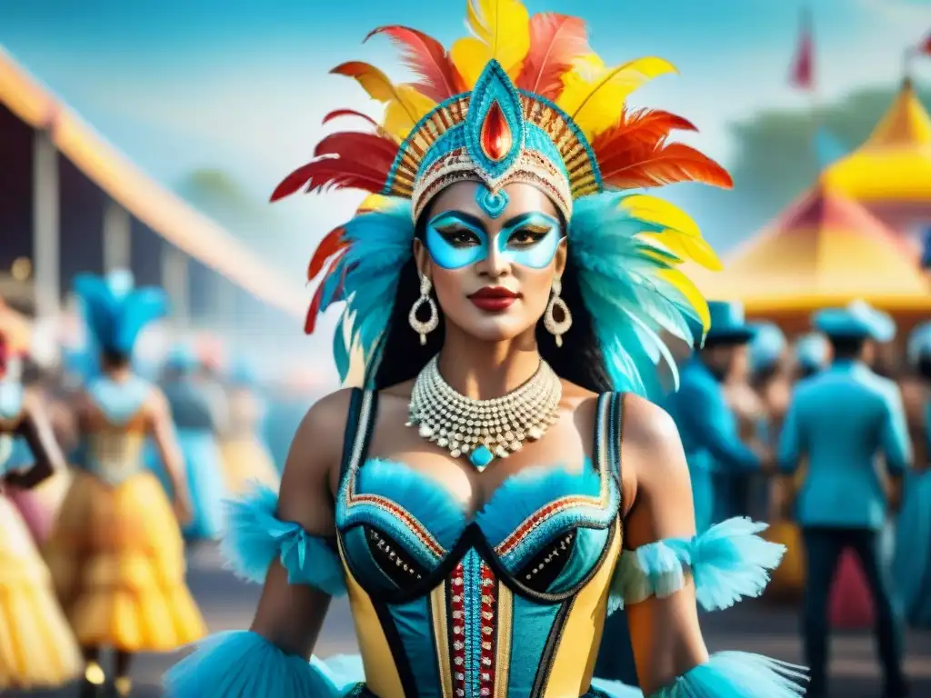 Coloridos trajes de carnaval uruguayo: arte y tradición Detallado diseño de vestuario Carnaval Uruguayo con colores vibrantes y motivos tradicionales en acuarela