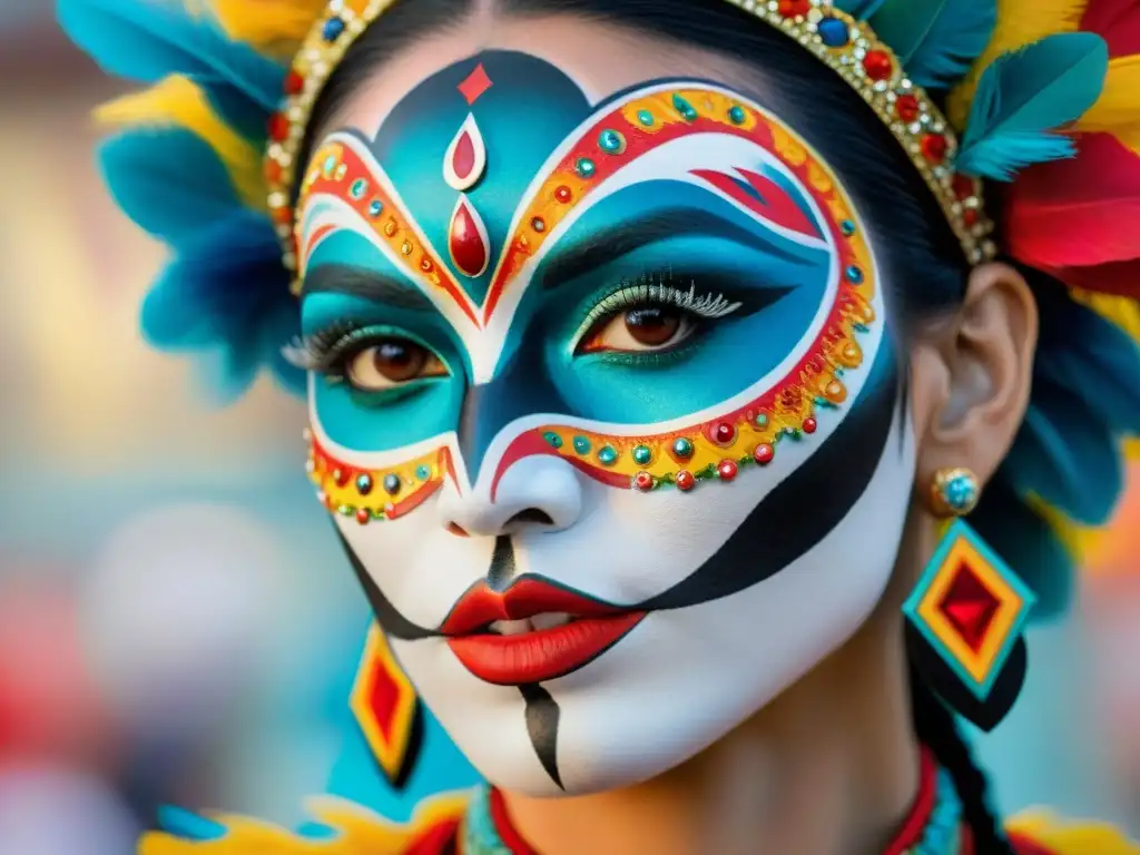 Murga: expresión artística y cultural en maquillaje vibrante Detallado maquillaje en murgas uruguayas resaltando rostro de bailarín con colores vibrantes y diseños intrincados
