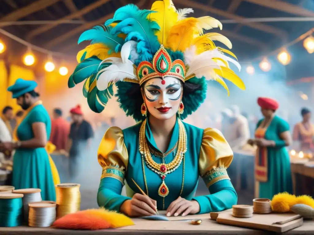 Arte en acción: Taller de Carnaval uruguayo Detallado taller de carnaval uruguayo: artesanos crean trajes festivos con plumas y lentejuelas en vibrantes colores