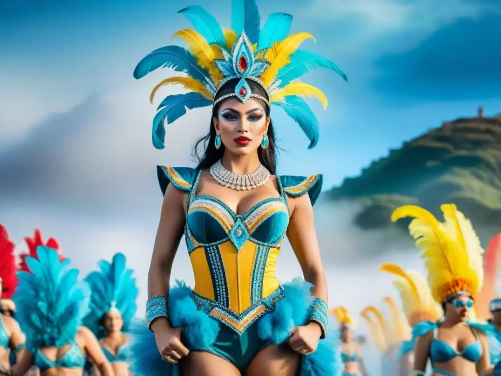 Carnaval uruguayo: traje vibrante con toque futurista Detallado traje de carnaval uruguayo con elementos tradicionales y modernos, evolución vestuarios Carnaval Uruguayo