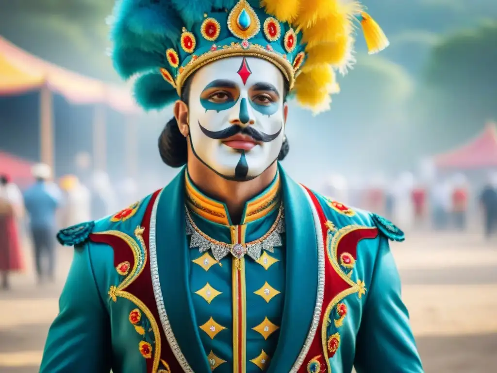 Traje de carnaval uruguayo: colorida expresión artística Detallado traje de Carnaval Uruguayo con colores vibrantes y patrones intrincados