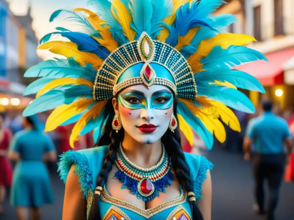 Detallado traje de Carnaval uruguayo: vibrante y festivo Detallado traje de Carnaval Uruguayo con colores vibrantes y elaborados bordados, en medio de un desfile festivo