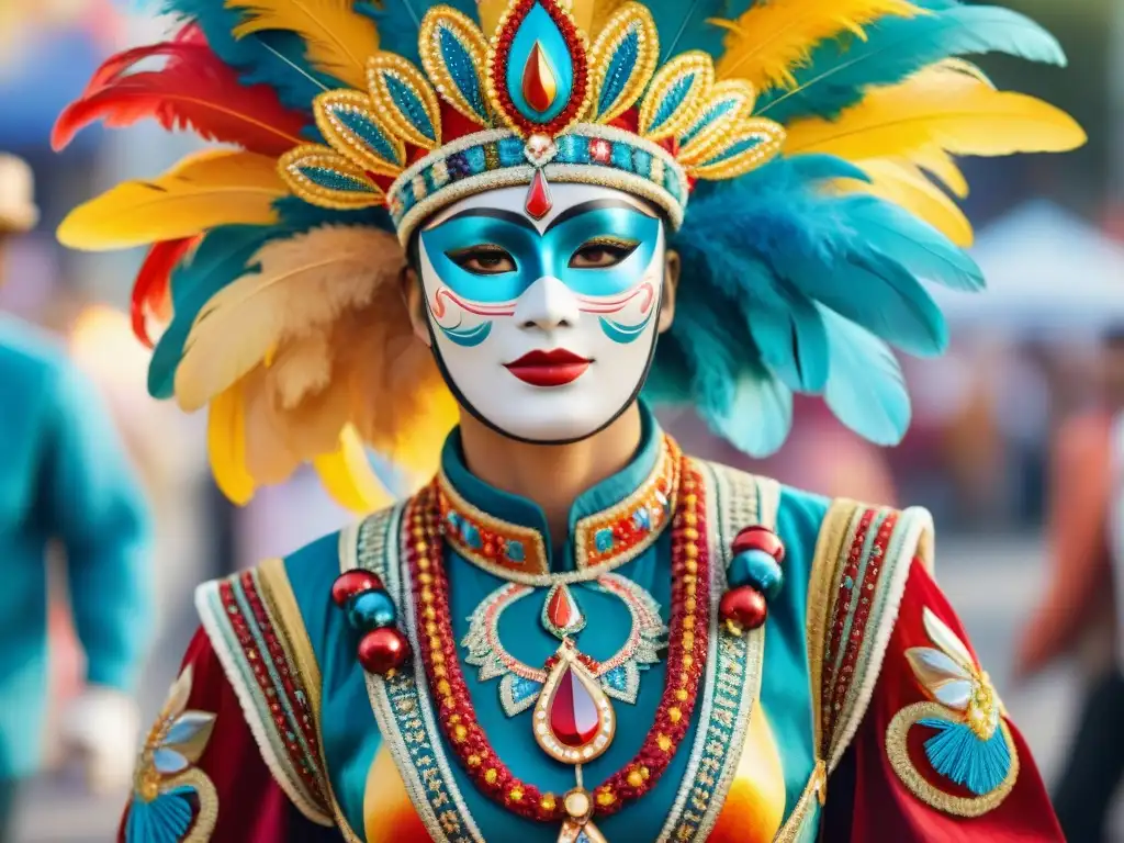 Traje de Carnaval Uruguayo: Detalles Intrincados en Acuarela Detallado traje de Carnaval Uruguayo en acuarela, resaltando la riqueza y colorido de la vestimenta