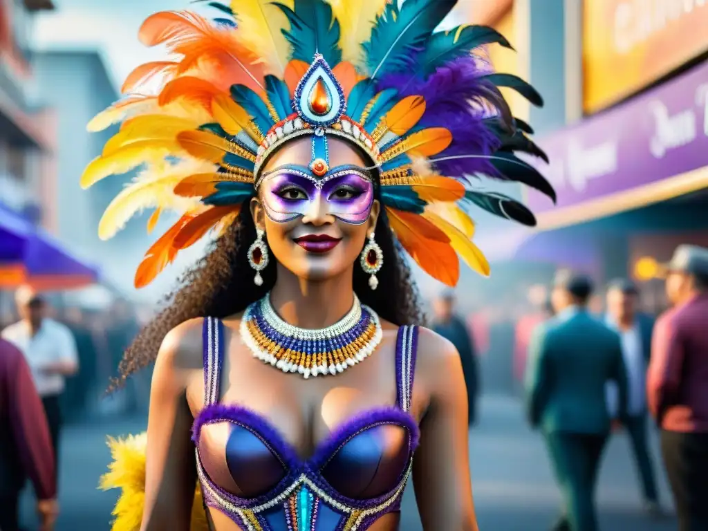 Deslumbrante traje de Carnaval en acuarela Detallado traje de Carnaval Uruguayo en acuarela, con plumas, lentejuelas y bordados, en vibrantes colores y escena festiva